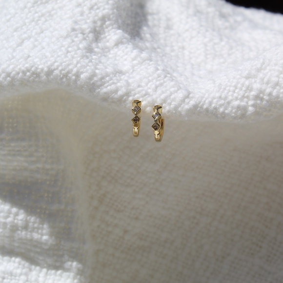 Sterling Silver Gold Huggies with Row of Diamond Shaped Simulated Diamonds - Picture 4 of 10